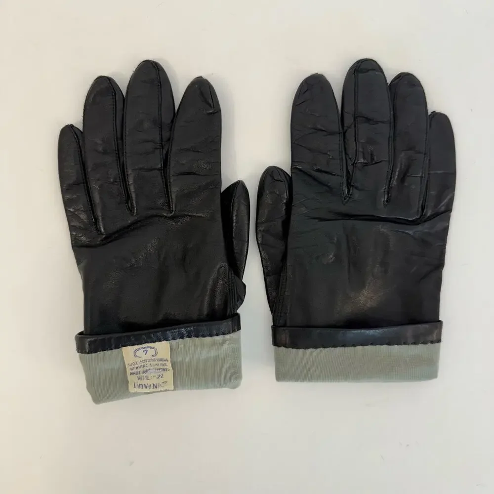 Fownes Vintage Black Leather Gloves with Antron Nylon Lining Women’s Size 7